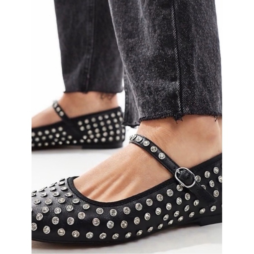 House of Harlow 1960 Flashy Black Studded Rhinestone Mary Jane Flats Size 8M